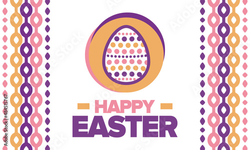 Happy Easter in April. Christian spring holiday in honor of the resurrection of Christ. Biblical history. Traditional dyeing eggs with patterns, fun game for children searching for easter eggs. Vector