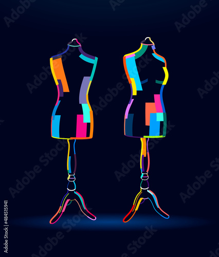 Abstract vintage female mannequin, mannequin for sewing and tailoring dresses from multicolored paints. Colored drawing. Vector illustration of paints