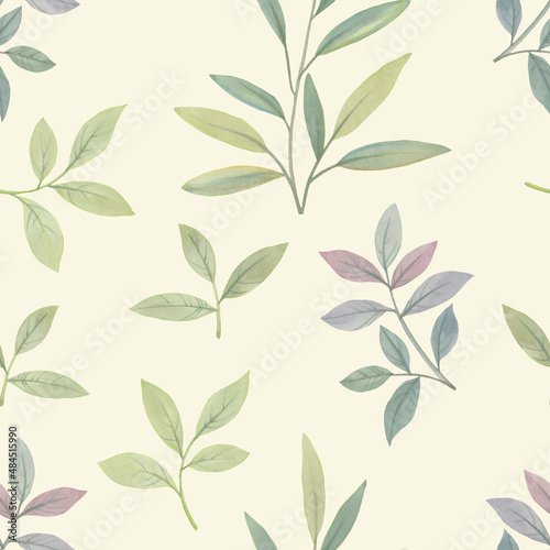 Seamless botanical pattern. Watercolor leaves drawn on paper and assembled into an ornament for design.