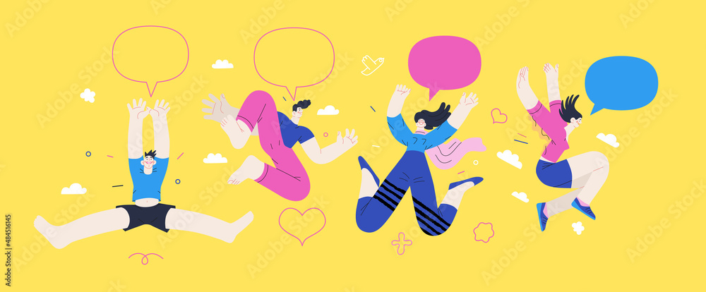 Naklejka premium Happiness - happy young man and woman jumping in the air cheerfully. Modern flat vector concept illustration of a happy jumping and dancing person. Feeling and emotion concept.
