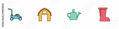 Set Lawn mower, Farm house, Watering can and Waterproof rubber boot icon. Vector