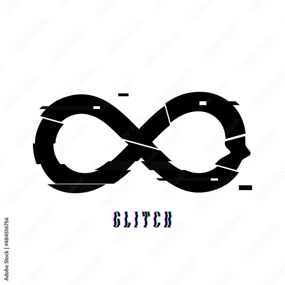 Black glitch distorted infinity sign. Defect shape. Broken effect. Trendy  distress design element for frame, logo, tattoo, sign, banners, web,  prints, posters, template, pattern, abstract background Stock Vector |  Adobe Stock