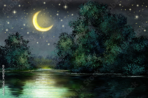 Photo Digital oil paintings landscape, artwork, night landscape with moon and stars