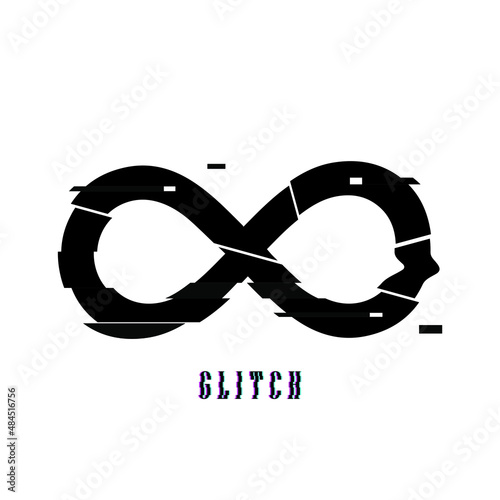 Black glitch distorted infinity sign. Defect shape. Broken effect. Trendy distress design element for frame, logo, tattoo, sign, banners, web, prints, posters, template, pattern, abstract background