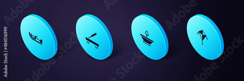 Set Isometric Kite, Aroma lamp, Scented spa stick and Indian shoes icon. Vector