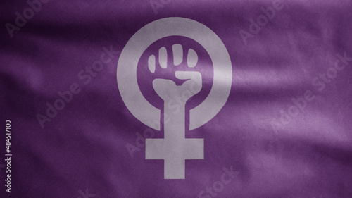 Women resist symbol flag waving on wind. Girl power fist illustration background