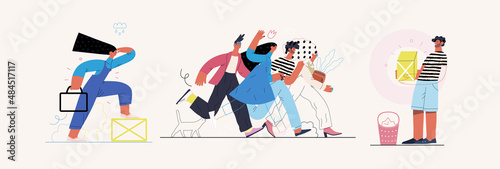 Startup illustrations set. Flat line vector modern concept illustration of people, startup metaphor. Concept of building new business, planning, strategy, teamwork and management. Company processes
