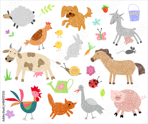 Fototapeta Naklejka Na Ścianę i Meble -  Child drawing. Farm animals on a white background - cow, pig, sheep, horse, rooster, chicken, donkey, chicken, goose, duck, goat, cat, dog