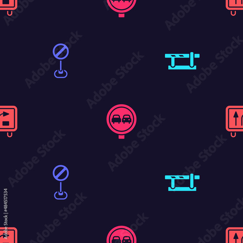 Set Parking car barrier, Stop sign, No overtaking road traffic and Road on seamless pattern. Vector