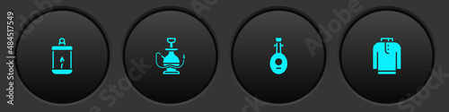 Set Ramadan Kareem lantern, Hookah, Lute and Shirt kurta icon. Vector