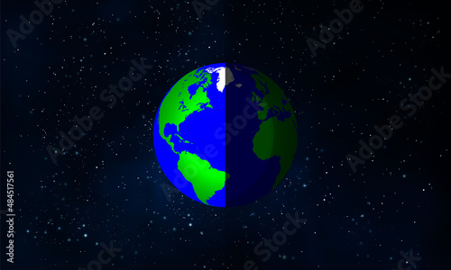 Vernal equinox dark planet earth in space, vector art illustration.
