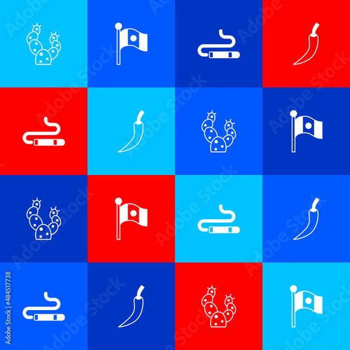 Set Cactus, Mexico flag, Cigar and Hot chili pepper pod icon. Vector