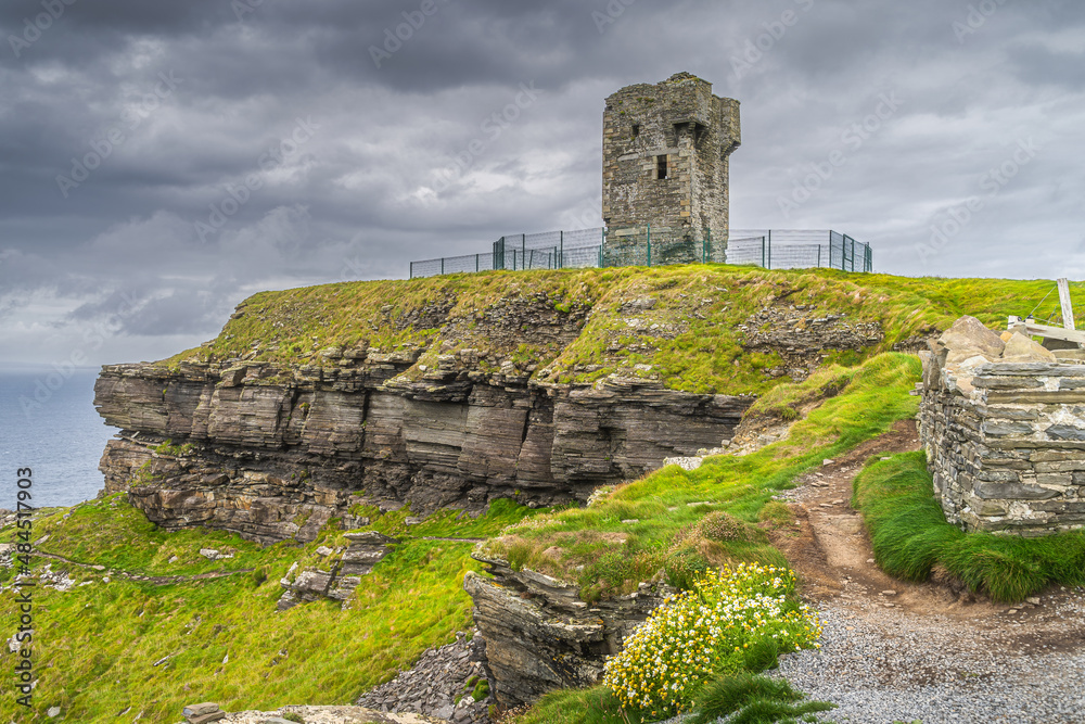 Old Moher Tower on Hags Head at the southern end of iconic Cliffs of Moher, popular tourist attraction, Wild Atlantic Way, UNESCO, Clare, Ireland
