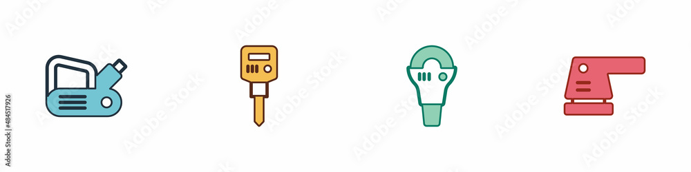 Set Electric planer tool, Construction jackhammer, Angle grinder and sander icon. Vector Set Electric planer tool, Construction jackhammer, Angle grinder and sander icon. Vector