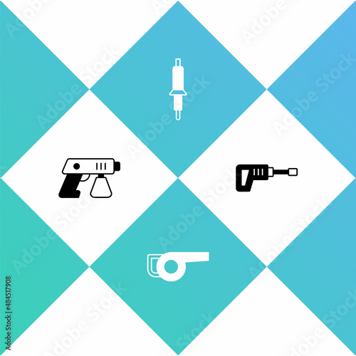 Set Paint spray gun, Leaf garden blower, Soldering iron and Rotary hammer drill machine icon. Vector