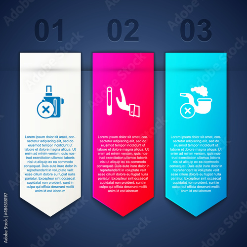 Set No electronic cigarette, Giving up and Smoking pipe with smoke. Business infographic template. Vector