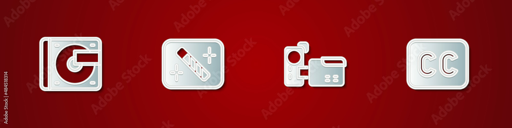 Set Vinyl player with vinyl disk, Photo retouching, Cinema camera and Subtitles icon. Vector
