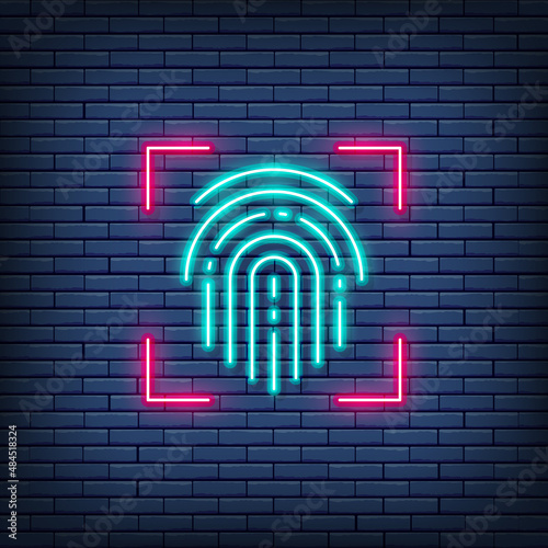 Fingerprint, scanned finger, cryptographic signature, identity neon sign.