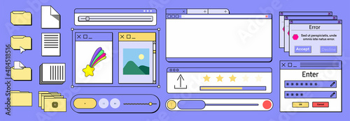 Windows of the desktop folder, sheet, picture, sound, player, enter. PC desktop in retro style with message windows and pop-up elements. Vintage computer panels and dialogues. Vector illustration