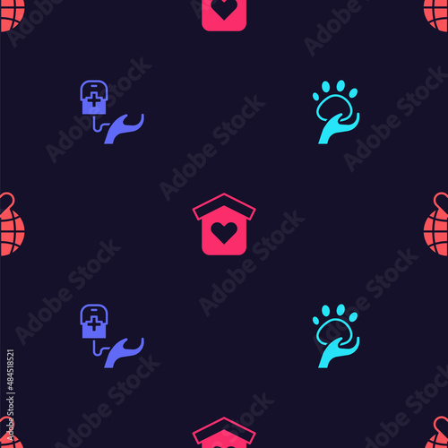 Set Animal volunteer, Blood donation, Shelter for homeless and Hand holding Earth globe on seamless pattern. Vector