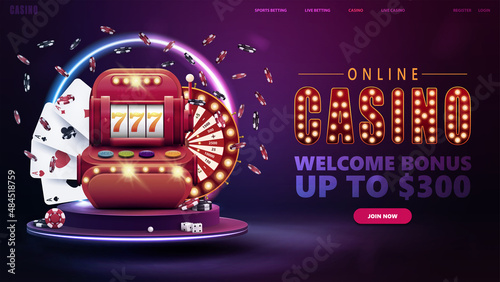 Online casino, welcome bonus, banner for website with button, slot machine, Casino Wheel Fortune, poker chips and playing cards on podium with round neon frame