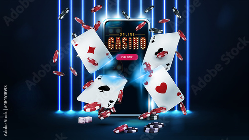 Banner with wall of line vertical blue neon lamps on background, smartphone, playing cards and poker chips in dark scene