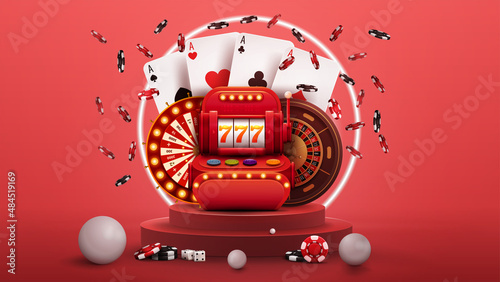 Pink podium with Red slot machine, Casino Wheel Fortune, Roulette, poker chips, playing cards and neon ring on background pink abstract scene with neon white ring