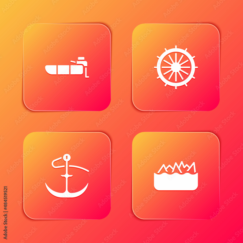Set Inflatable boat with motor, Ship steering wheel, Anchor and Sharp stone reefs icon. Vector