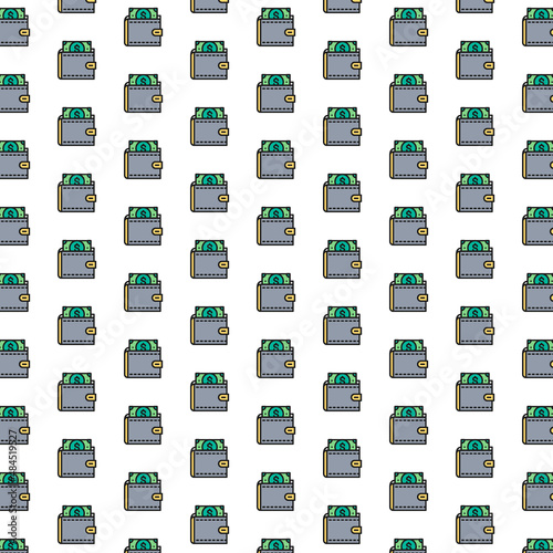 Vector wallet with dollars, save money, invest pattern with various icons.
