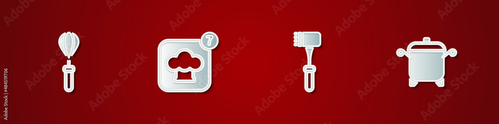 Set Kitchen whisk, Chef hat, hammer and Cooking pot icon. Vector Set Kitchen whisk, Chef hat, hammer and Cooking pot icon. Vector