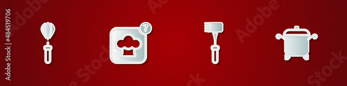 Set Kitchen whisk, Chef hat, hammer and Cooking pot icon. Vector