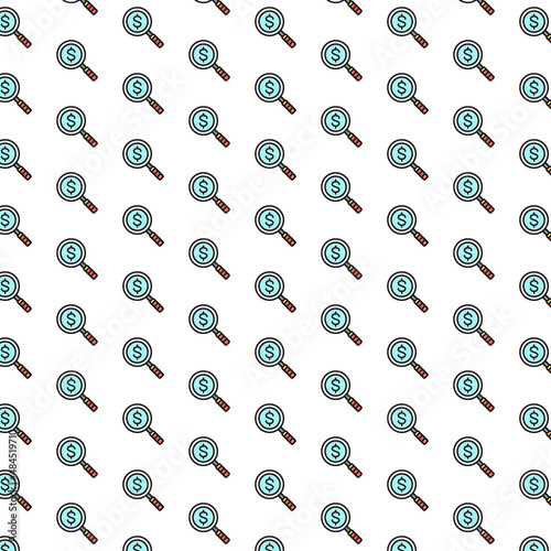 Vector magnify glass with dollar, money search, find currency pattern with various icons.