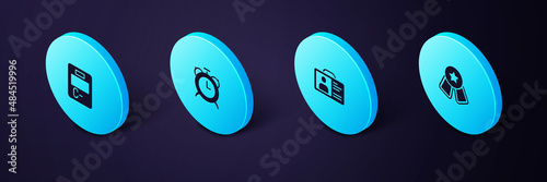 Set Isometric Medal with star, Identification badge, Alarm clock and Exam paper incorrect answers icon. Vector
