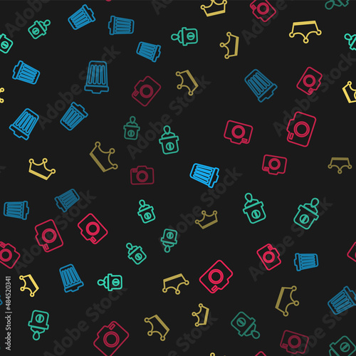 Set line Trash can, Information desk, Crown and Photo camera on seamless pattern. Vector