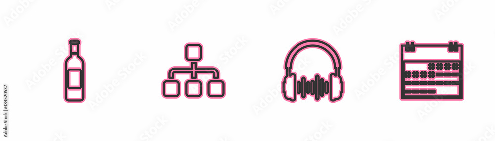 Set line Bottle of wine, Headphone and sound waves, Hierarchy organogram chart and Calendar icon. Vector Set line Bottle of wine, Headphone and sound waves, Hierarchy organogram chart and Calendar icon. Vector