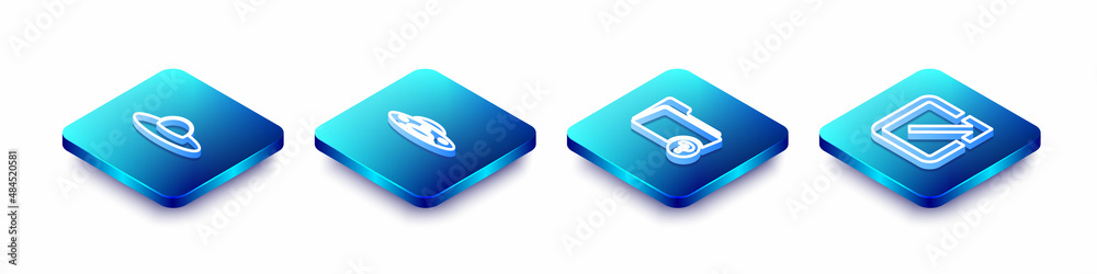 Set Isometric line UFO flying spaceship, , Unknown directory and Open new window icon. Vector Set Isometric line UFO flying spaceship, , Unknown directory and Open new window icon. Vector