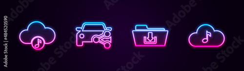 Set line Music streaming service, Car sharing, Folder download and . Glowing neon icon. Vector