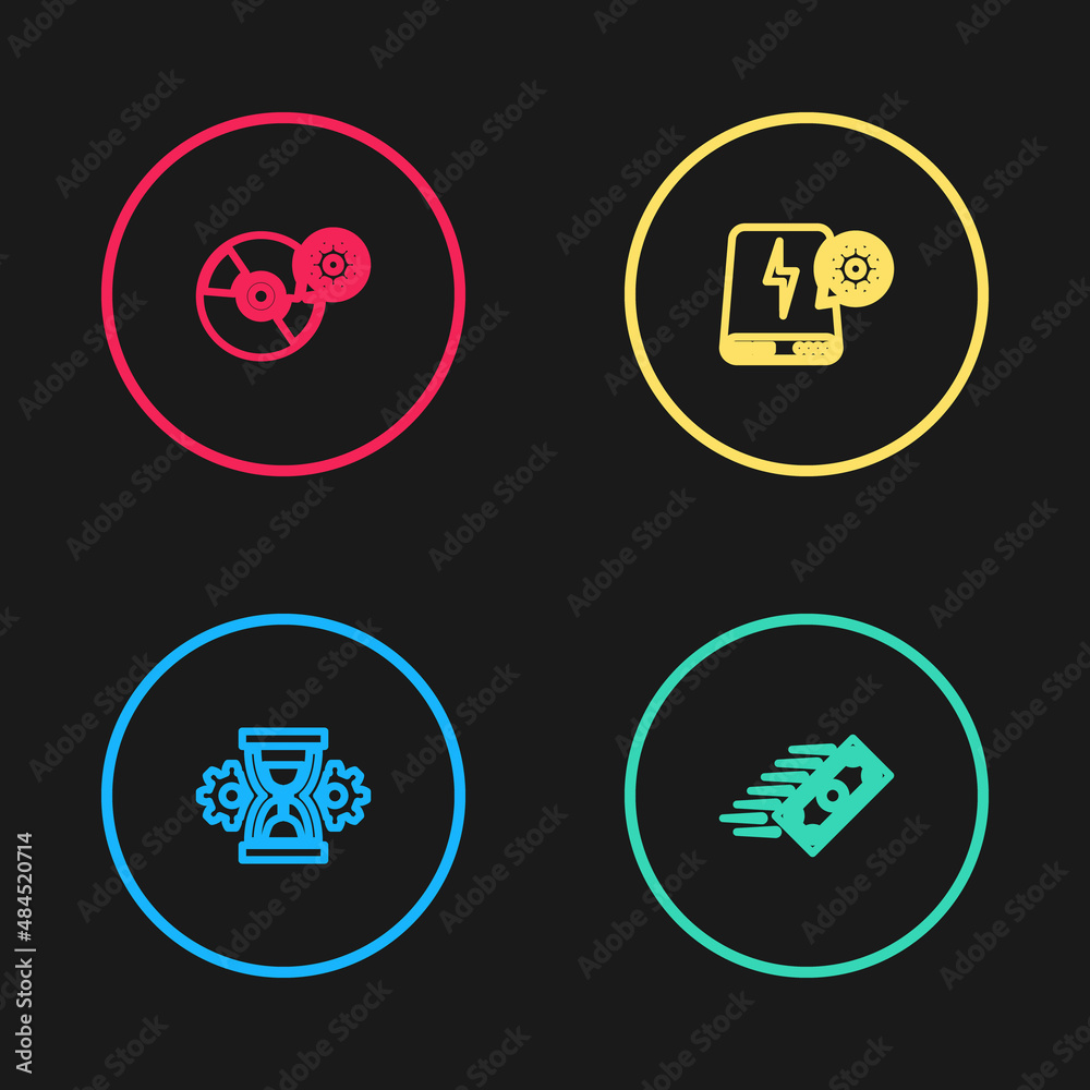Set line Hourglass setting, Fast payments, Power bank and CD or DVD disk icon. Vector Set line Hourglass setting, Fast payments, Power bank and CD or DVD disk icon. Vector
