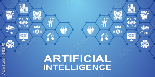 Artificial Intelligence vector illustration on blue background. Robotics, Chatbot, Database, Big Data banner and presentation design
