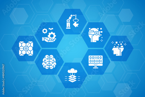 Artificial Intelligence vector illustration for business presentation. Robotics, Chatbot, Database, Big Data web banner template design