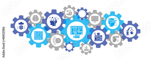 Artificial Intelligence landing page template. Robotics, Chatbot, Database, Big Data icons banner concept for website and mobile design.