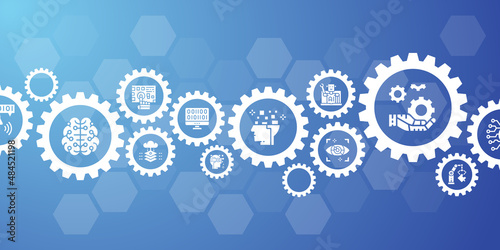 Artificial Intelligence website banner design template. Robotics, Chatbot, Database, Big Data vector illustration for website presentation banner.