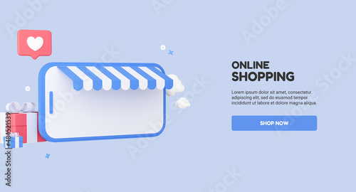 Online shopping banner template with mobile phone and gift boxes. Web Mockup for promotion. Shop now button. Ui Design. 3D Rendering. Blue photo