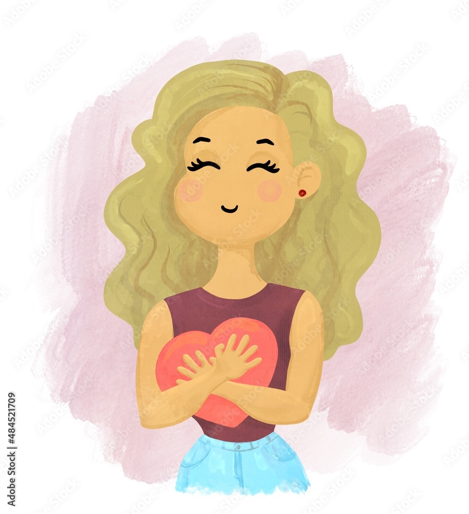 Illustration of Blonde hair girl with heart for Saint Valentine’s Day on the pink watercolor background Illustration of Blonde hair girl with heart for Saint Valentine’s Day on the pink watercolor background
