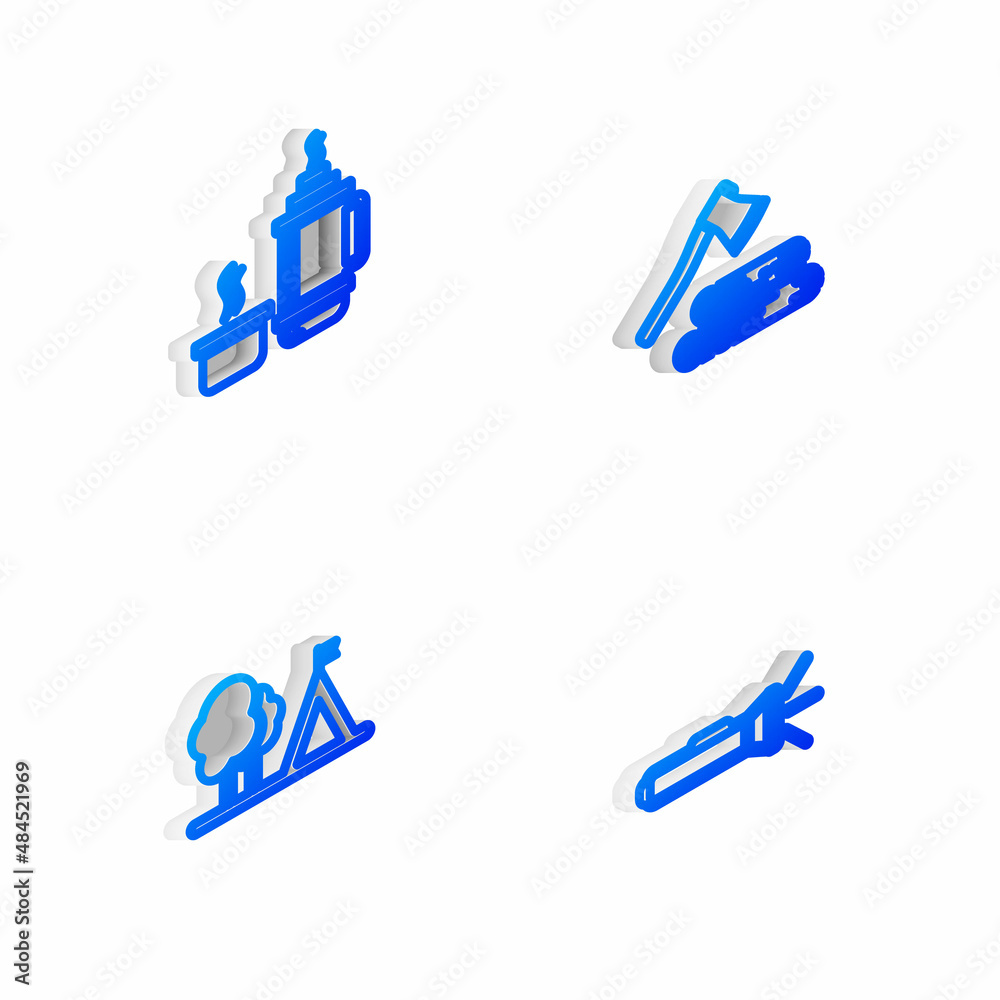 Set Isometric line Wooden axe and wood, Thermos container, Tourist tent with flag and Flashlight icon. Vector Set Isometric line Wooden axe and wood, Thermos container, Tourist tent with flag and Flashlight icon. Vector
