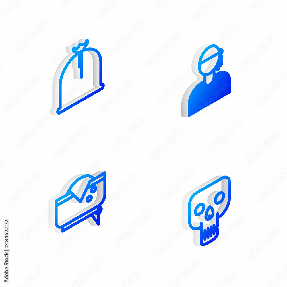 Set Isometric line Sailor captain, Pirate sack, hat and Skull icon. Vector Set Isometric line Sailor captain, Pirate sack, hat and Skull icon. Vector