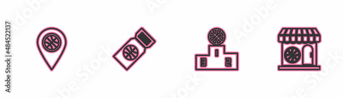 Set line Location with basketball ball, Sports winner podium, Basketball game ticket and shop and icon. Vector