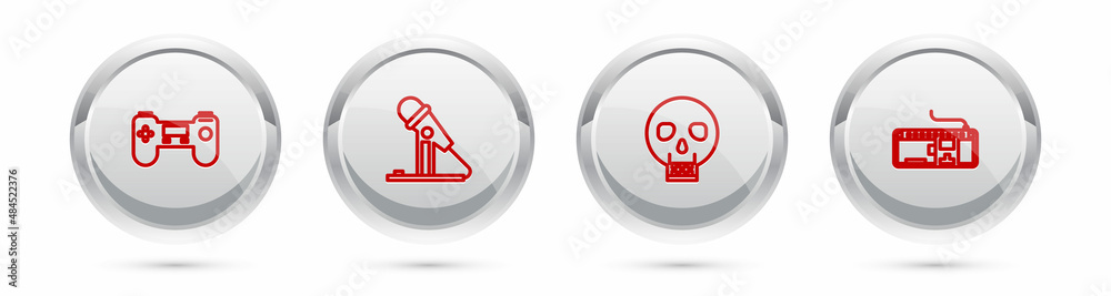 Set line Gamepad, Microphone, Skull and Computer keyboard. Silver circle button. Vector Set line Gamepad, Microphone, Skull and Computer keyboard. Silver circle button. Vector