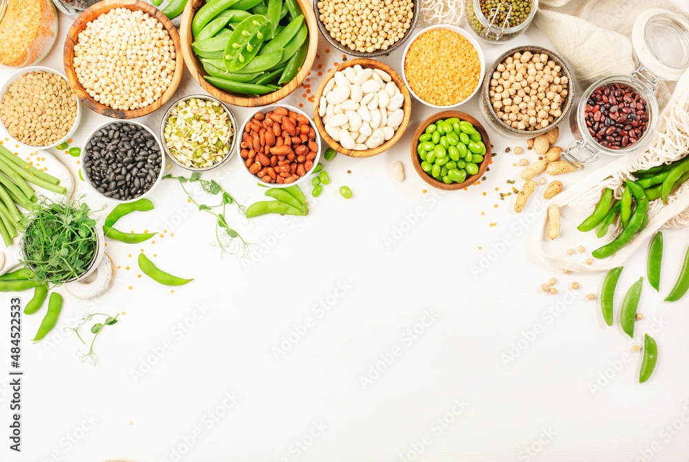 Legumes, beans and sprouts. Dried, raw and fresh, top view. Red kidney beans, lentils, mung beans, chickpeas, soybeans, edamame, green peas, Healthy, nutritious, diet food, vegan protein - obrazy, fototapety, plakaty 