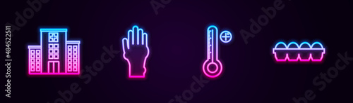 Set line Medical hospital building, Hand with psoriasis or eczema, digital thermometer and Chicken egg box. Glowing neon icon. Vector